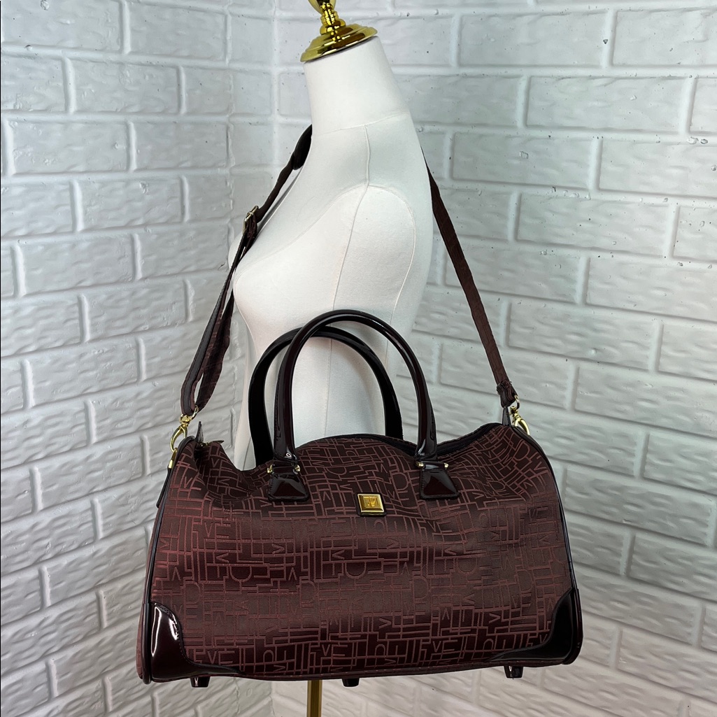 Diane Von Furstenberg Duffel Weekender Patent Brown Burgundy Gold